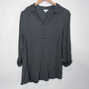 J. Jill Long Sleeve Asymmetrical Knit Top Roll Tab Sleeve Striped Black Women M
